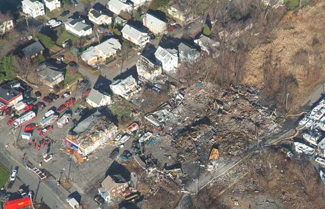 Aerial view of the facility explosion damage